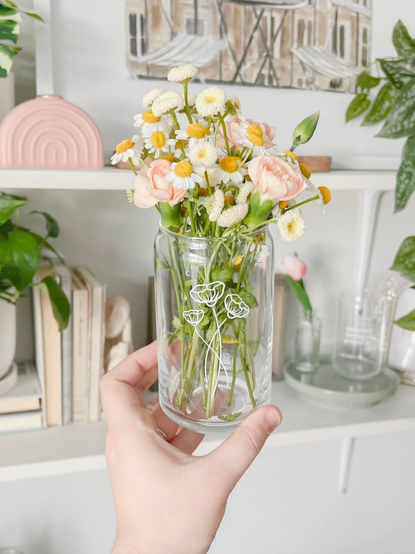 Wildflower Bouquet Trio, 16 oz Can Glass Tumbler, Iced Coffee Glass, Flower Glassware, Floral Design Cup