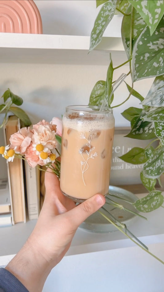 Floral Amber, 16 oz Can Glass Tumbler, Iced Coffee Glass, Flower Glassware, Floral Cup