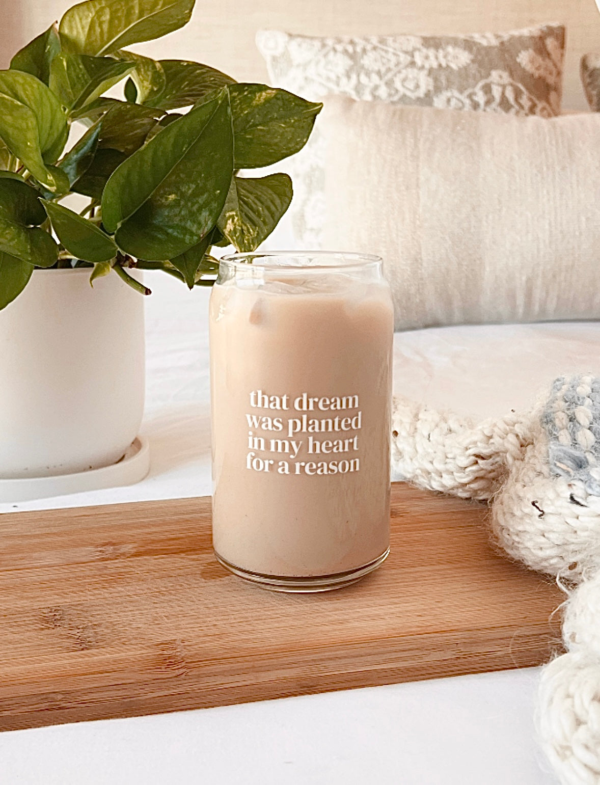 That Dream Was Planted In My Heart For A Reason, 16 oz Can Glass Tumbler, Iced Coffee Glass, Affirmation Inspired Glassware