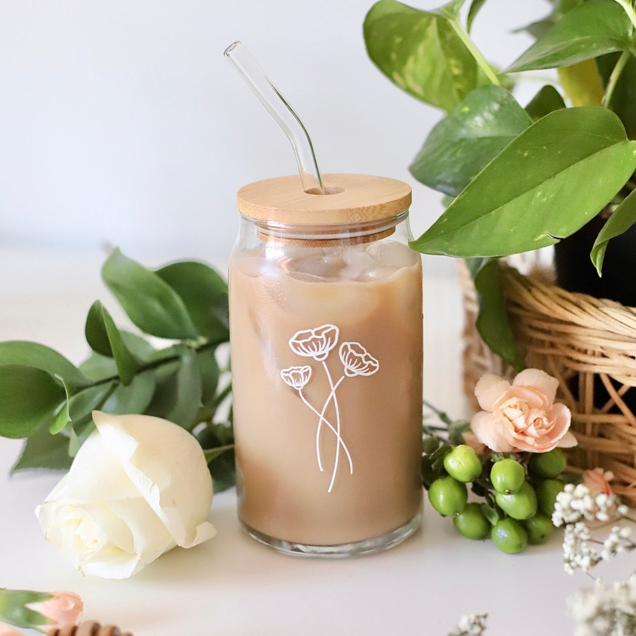 Wildflower Bouquet Trio, 16 oz Can Glass Tumbler, Iced Coffee Glass, Flower Glassware, Floral Design Cup