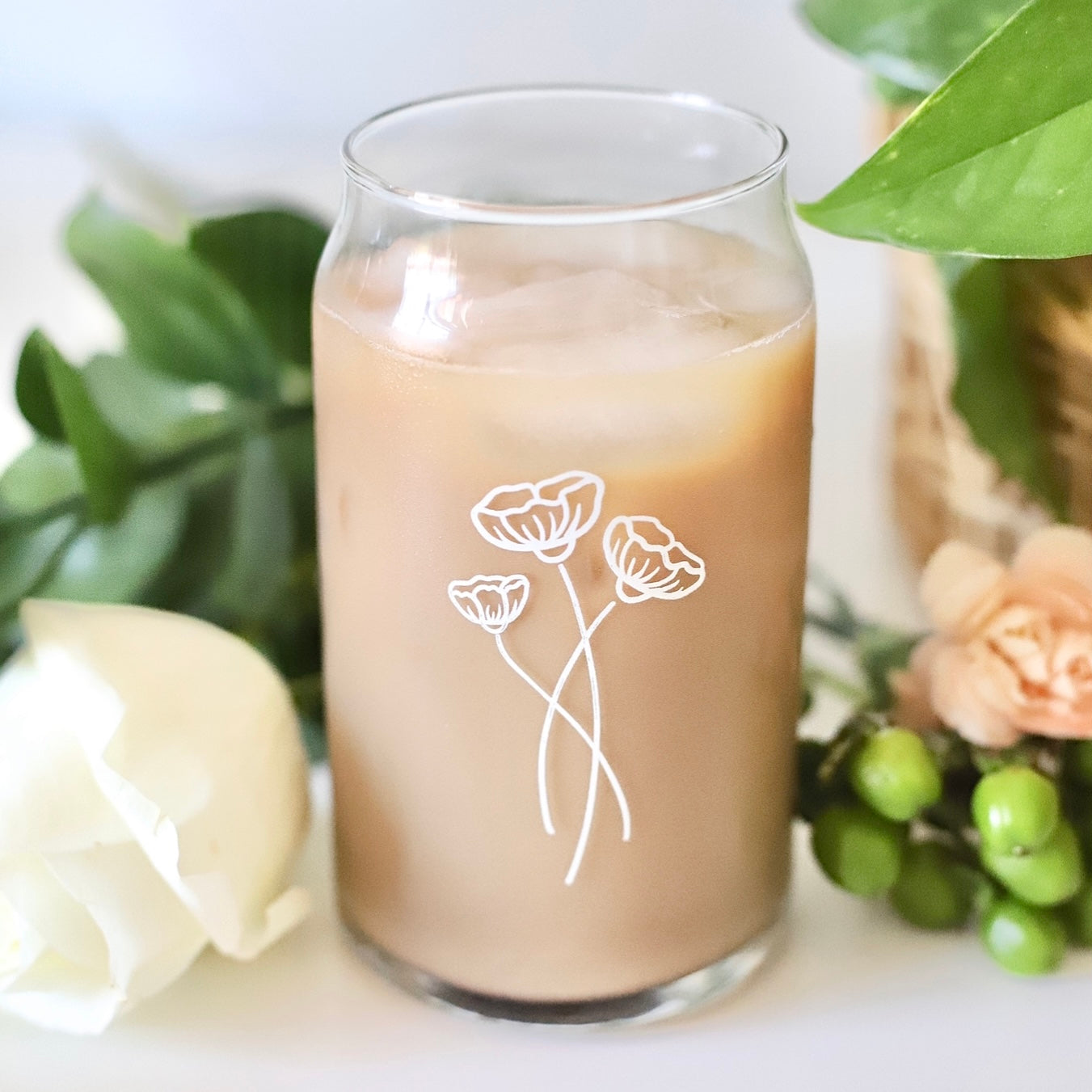 Wildflower Bouquet Trio, 16 oz Can Glass Tumbler, Iced Coffee Glass, Flower Glassware, Floral Design Cup