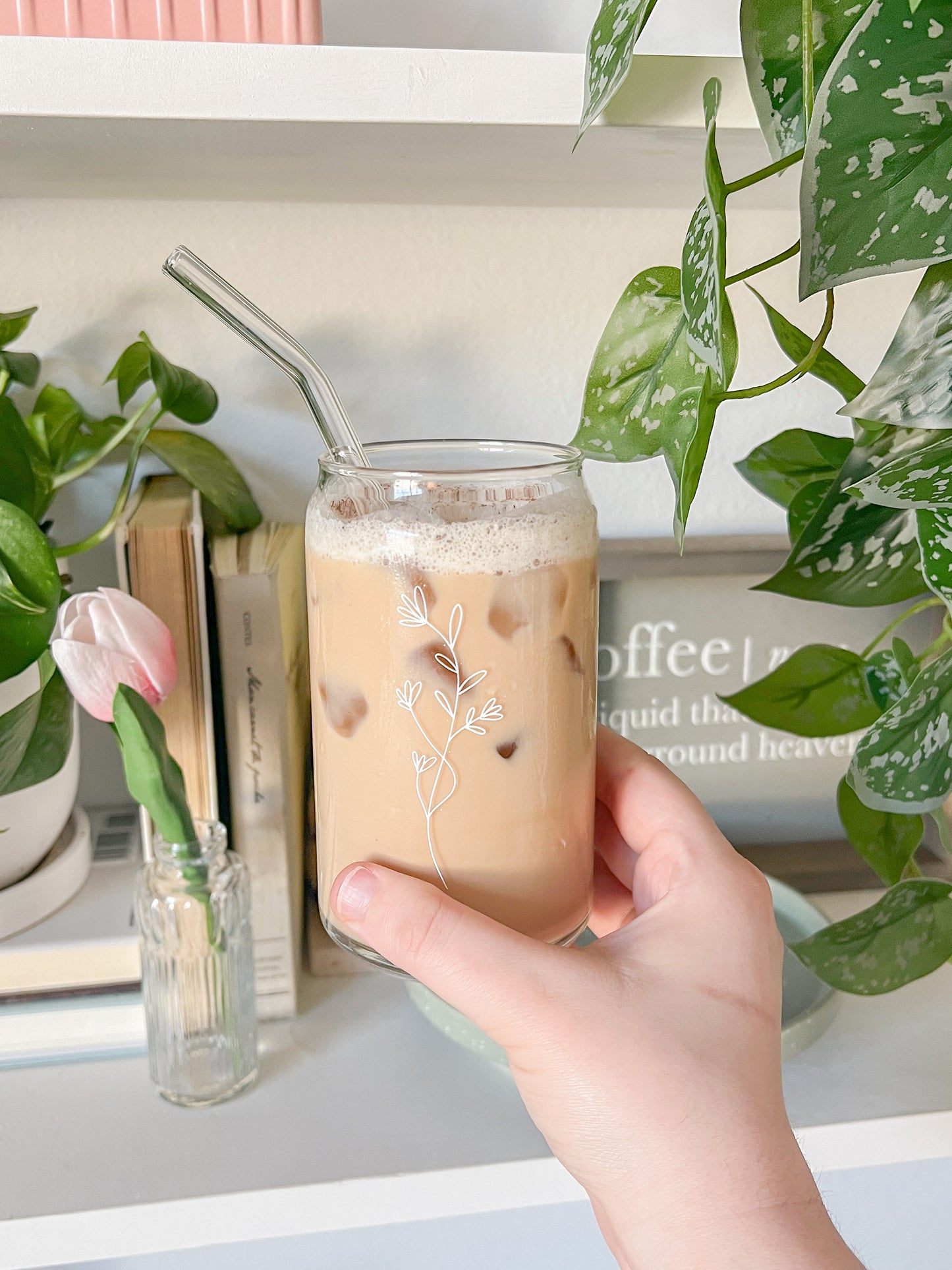 Floral Amber, 16 oz Can Glass Tumbler, Iced Coffee Glass, Flower Glassware, Floral Cup